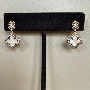 Gold-Tone Drop Earrings with White Mother-of-Pearl Clover and Crystal Accent